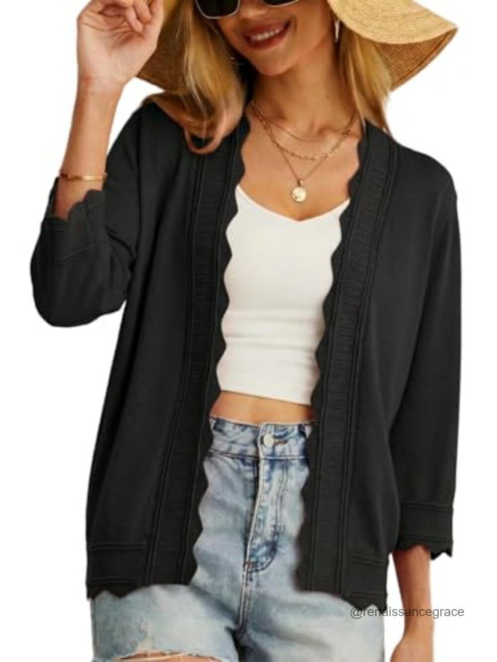 Lightweight Cropped Cardigan 3/4 Sleeve Open Front Scalloped Trim Knit Bolero